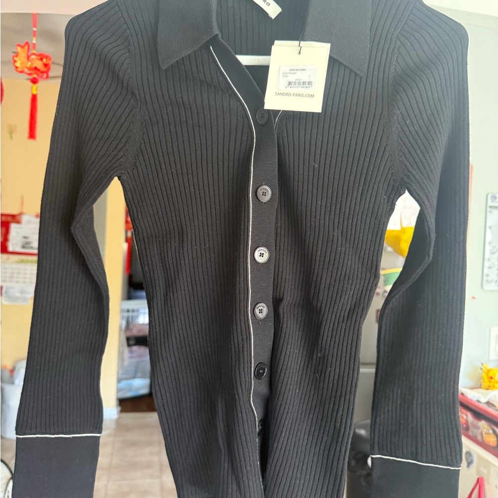 Sandro Black Ribbed Cardigan with White Trim